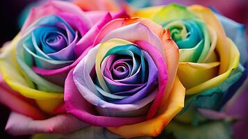 Rainbow-colored roses with water droplets on a vibrant background photo