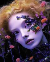 Enigmatic forest fairy portrait with painted visage and flowers photo