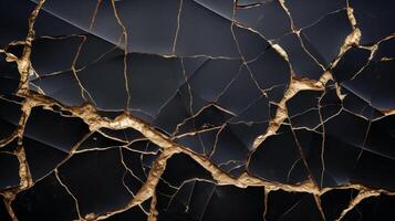 Black marble background with striking golden fractures creating a luxurious feel photo