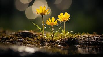 Small yellow wildflowers glistening with dew in a mystical forest setting photo