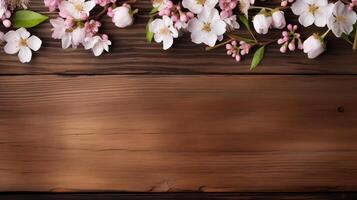 Dark wooden background with copy space and a spring floral arrangement photo