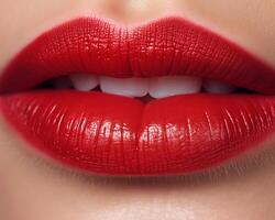 lustroso rojo labios de cerca, detallado maquillaje y belleza Disparo foto