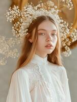Serene girl with baby's breath crown in white vintage lace dress photo