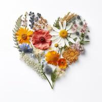 Vibrant heart of assorted flowers on white background, symbol of love photo