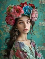 Elegant woman with floral headdress against vintage floral wallpaper photo