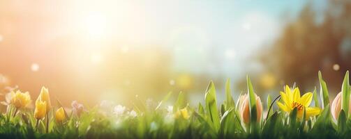 Banner of yellow flowers in sunlight with morning dew on petals photo