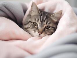 Cozy winter home with cat sleeping on bed on warm blanket close-up. Authentic house interior photo