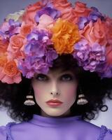 Lavish portrait of a woman crowned with vibrant roses in shades of purple and pink photo