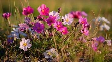 Vibrant cosmos flowers blooming in a sunlit wild meadow photo