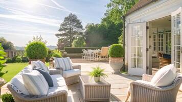 bianca costiero Villetta terrazza arredamento nel il inglese campagna stile con un' vista sul mare di il mare, casa arredamento e interno design video