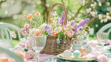 Easter tablescape decoration, floral holiday table decor for family celebration, spring flowers, Easter eggs, Easter bunny and vintage dinnerware, English country and home styling video