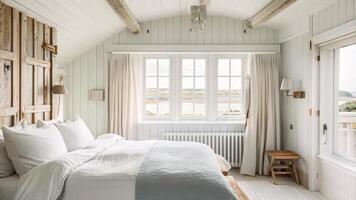 White coastal cottage bedroom decor, interior design and home decor, bed with elegant bedding and bespoke furniture, English country house and holiday rental video
