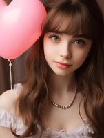 Portrait of a beautiful girl holding a pink heart-shaped balloon celebrating Valentines Day photo