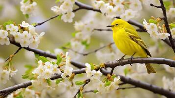 Yellow warbler resting on a blooming branch in a lush spring environment photo