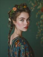 Graceful young woman with floral hairstyle against green background photo