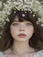 Girl with baby's breath crown in dreamlike natural portrait photo