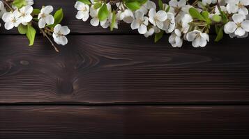 Dark wooden background with copy space and a spring floral arrangement photo