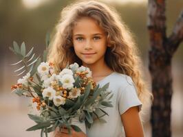 Beautiful girl with a bouquet of wild flowers close-up. Spring or summer concept photo