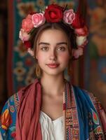 joven niña con Rosa corona en contra un vibrante étnico estampado fondo foto