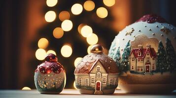 Christmas decorations close-up against the background of a Christmas tree photo