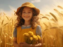 Smiling child in a wheat field holding yellow flowers on a sunny day photo