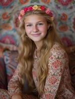 alegre joven niña con un vistoso floral corona en un estampado atuendo foto