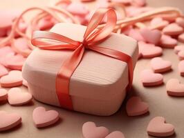 San Valentín día regalo, un caja con un arco y corazones de cerca. 14 febrero concepto foto