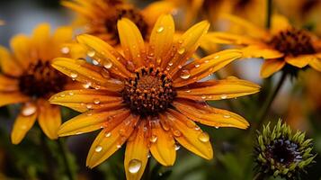 Fresh water droplets on orange daisy petals in crisp nature close-up photo