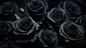 elegante negro rosas con agua gotas en un suave, oscuro ajuste foto