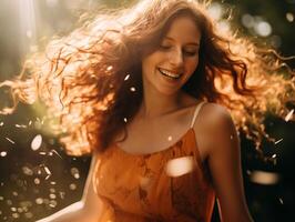 Radiant woman in orange dress enjoying a summer day in a sunlit forest photo