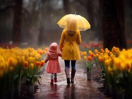 Mom and daughter walk hand in hand on a rainy day, with pots of tulips on the sides photo