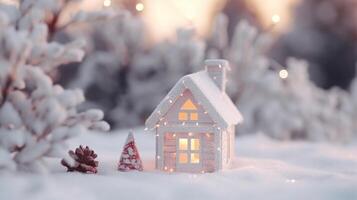 Navidad miniatura con casa y abeto bosque, Navidad y nuevo año concepto foto