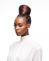 Portfolio shot of black woman with chic bun and high-collared white blouse photo