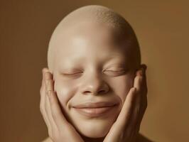 Portrait of African albino girl with hands on face against a beige backdrop. Cosmetic advertisement photo