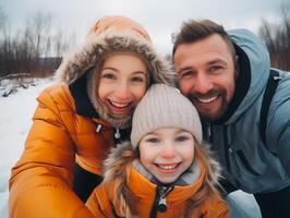 Happy family closeup in winter time photo