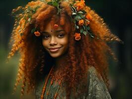 Beautiful young black woman with red curly hair decorated with flowers in an ethnic costume close-up photo