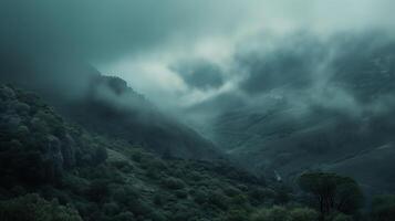 Ethereal mountain landscape enveloped in mist with undulating terrain photo