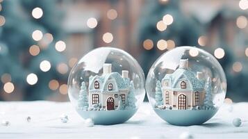 House and spruce forest in a glass ball, Christmas concept photo