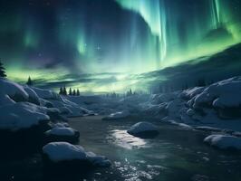 Nothern lights, mountains and lake winter landscape. New Year concept photo