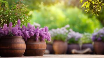 Flower background with copy space amidst lush purple blooms and greenery photo