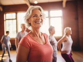 Smiling middle-aged woman confidently posing at a dance class in a well-lit studio photo