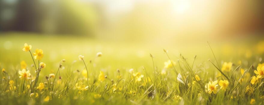 besado por el Sol amarillo flores silvestres bandera en un vibrante verde campo foto