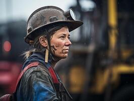Female miner at work close-up. Woman career concept photo