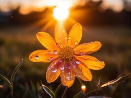 Dew-kissed orange flower basking in the glow of a summer sunset photo