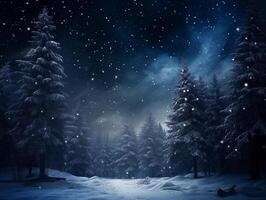 Fairytale night forest covered with snow in the moonlight. Winter landscape. New Year concept photo