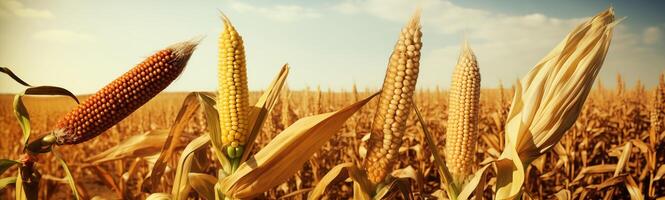 Banner of ripe corn ears standing tall in an agricultural field at sunset photo