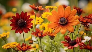 Red and orange flowers in a blooming garden photo