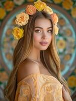 Radiant girl with yellow rose headpiece before a floral patterned backdrop photo