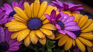 Vivid yellow and purple flowers with water droplets on petals photo