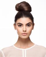 Portfolio shot of elegant woman with high bun hairstyle and makeup photo